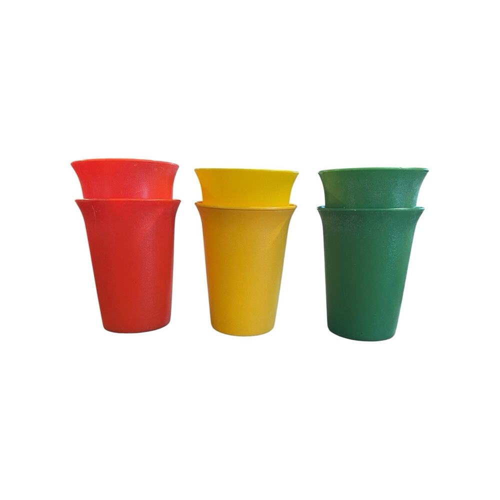 Vintage Tupperware #109 7oz Kids Bell Tumblers Set of 6 Red Yellow Green
